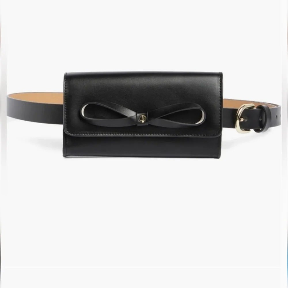 Kate Spade Adjustable Belt Bag Black Genuine Leather Bow Front Size S/M NEW